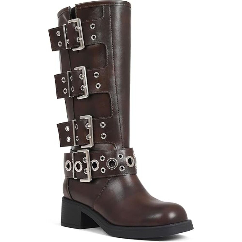 Women Red Brown Pull on Wide Calf Square Toe Buckles Chunky Metallic Casual Boot